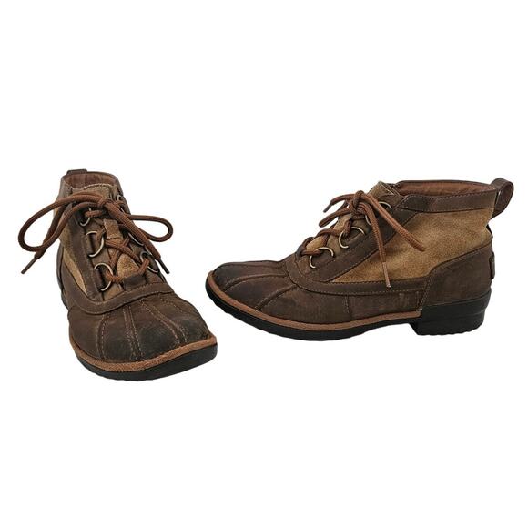 UGG Women's Brown Leather Heather Lace Up Ankle Boot sz 8 1095156 Winter Basic - Picture 1 of 10